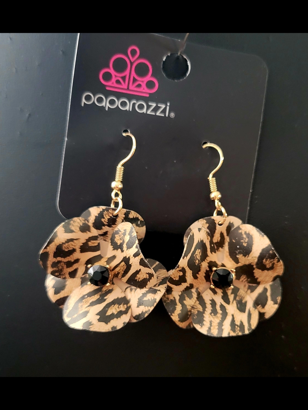 Paparazzi Gold Leopard Flower Drop Earrings with Black Center